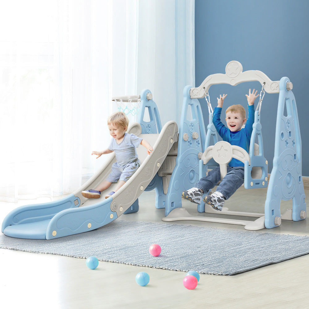 Keezi Kids 3-in-1 Swing & Slide Set with Basketball Hoop Blue & Grey