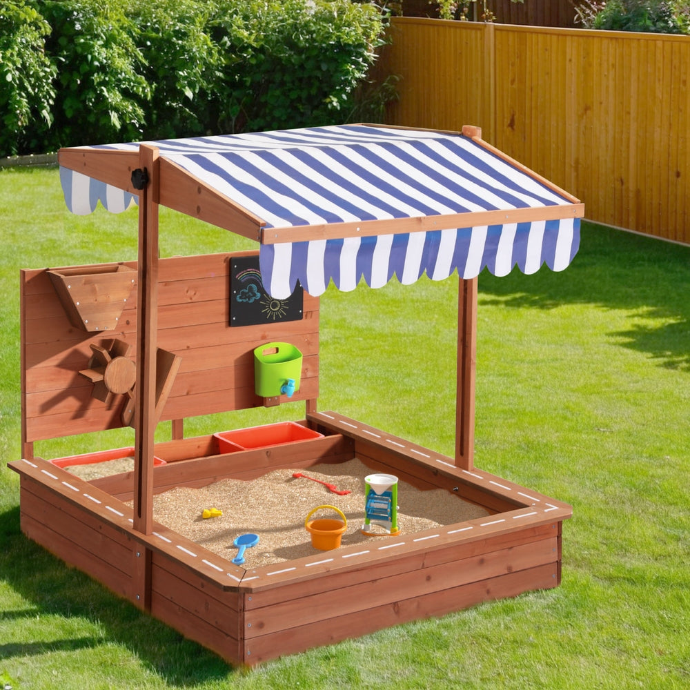 Keezi Kids Sandpit with Adjustable Canopy & Play Features – Oak & Blue