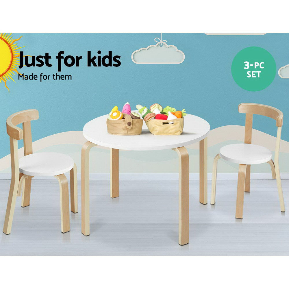 Kids 3-Piece Table & Chairs Set – White & Natural