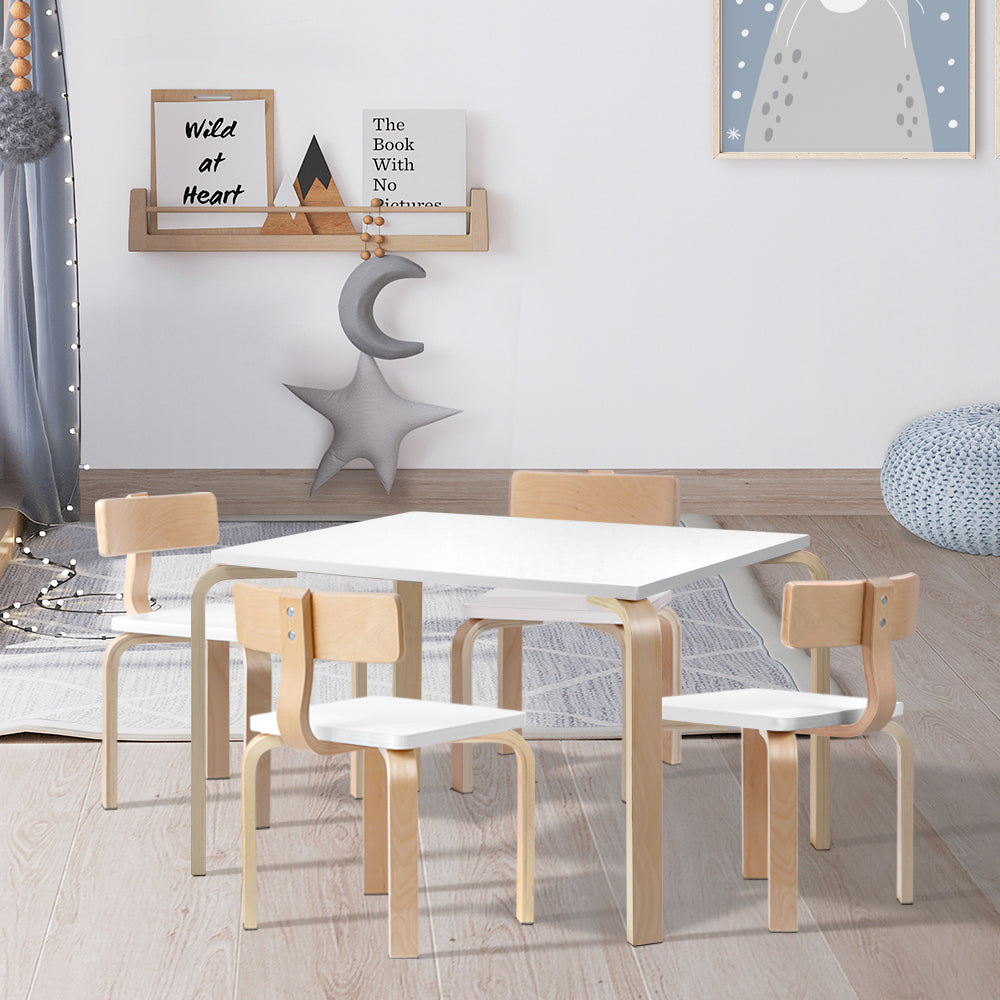 Kids 5-Piece Table & Chairs Set – White & Natural