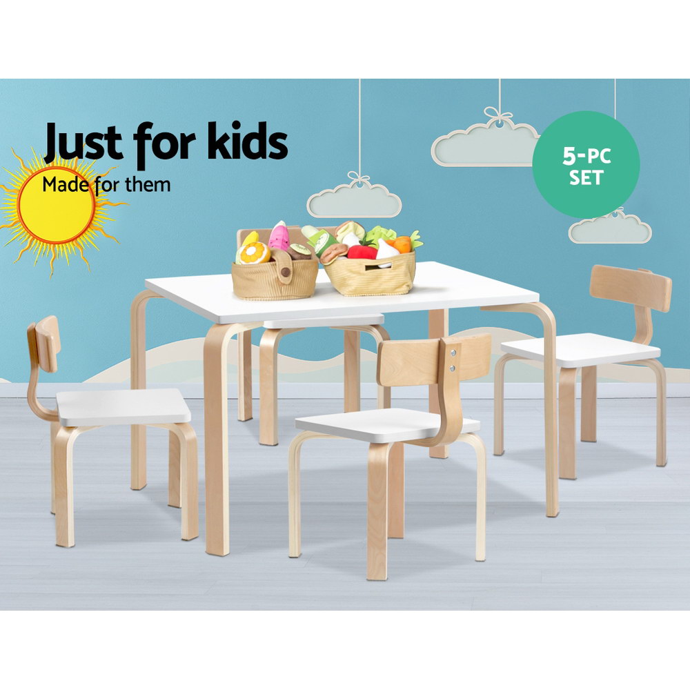 Kids 5-Piece Table & Chairs Set – White & Natural
