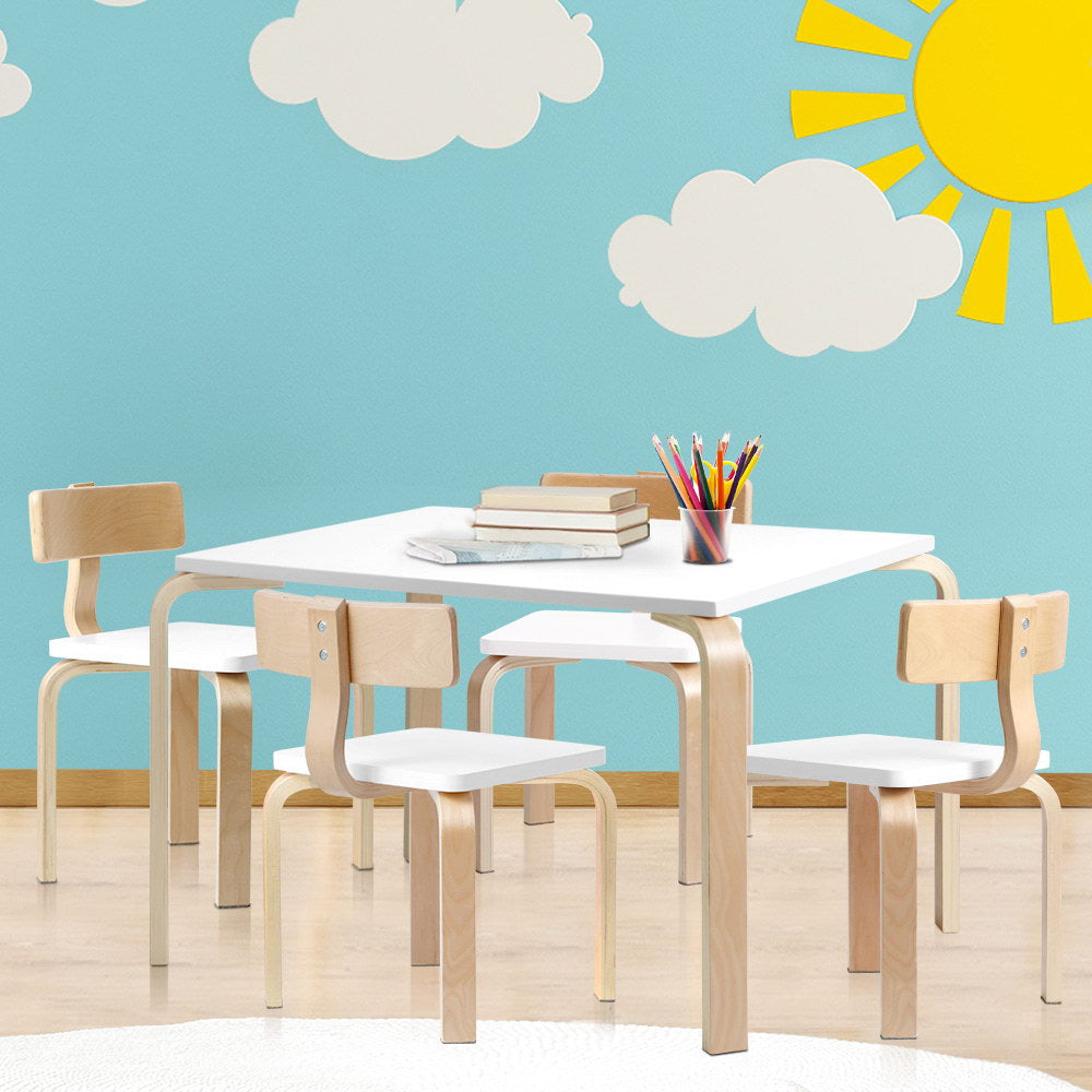 Kids 5-Piece Table & Chairs Set – White & Natural