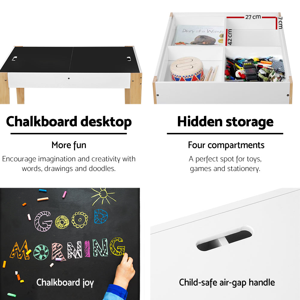 Kids Table & Chair Set with Chalkboard Top & Storage – White & Natural