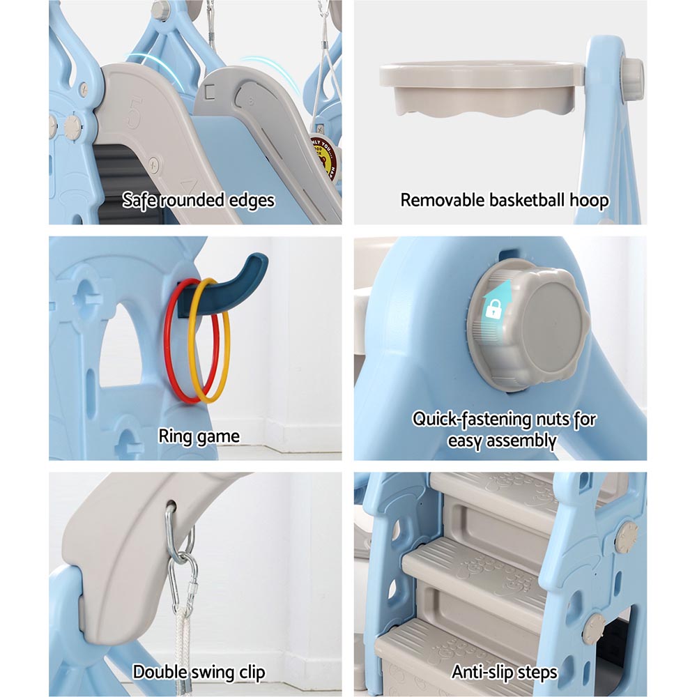 Keezi Kids 5-in-1 Slide & Swing Set – Blue & Grey