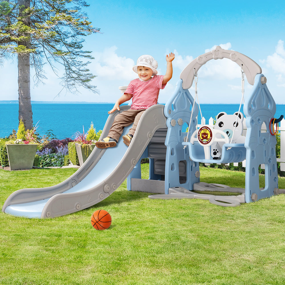 Keezi Kids 5-in-1 Slide & Swing Set – Blue & Grey