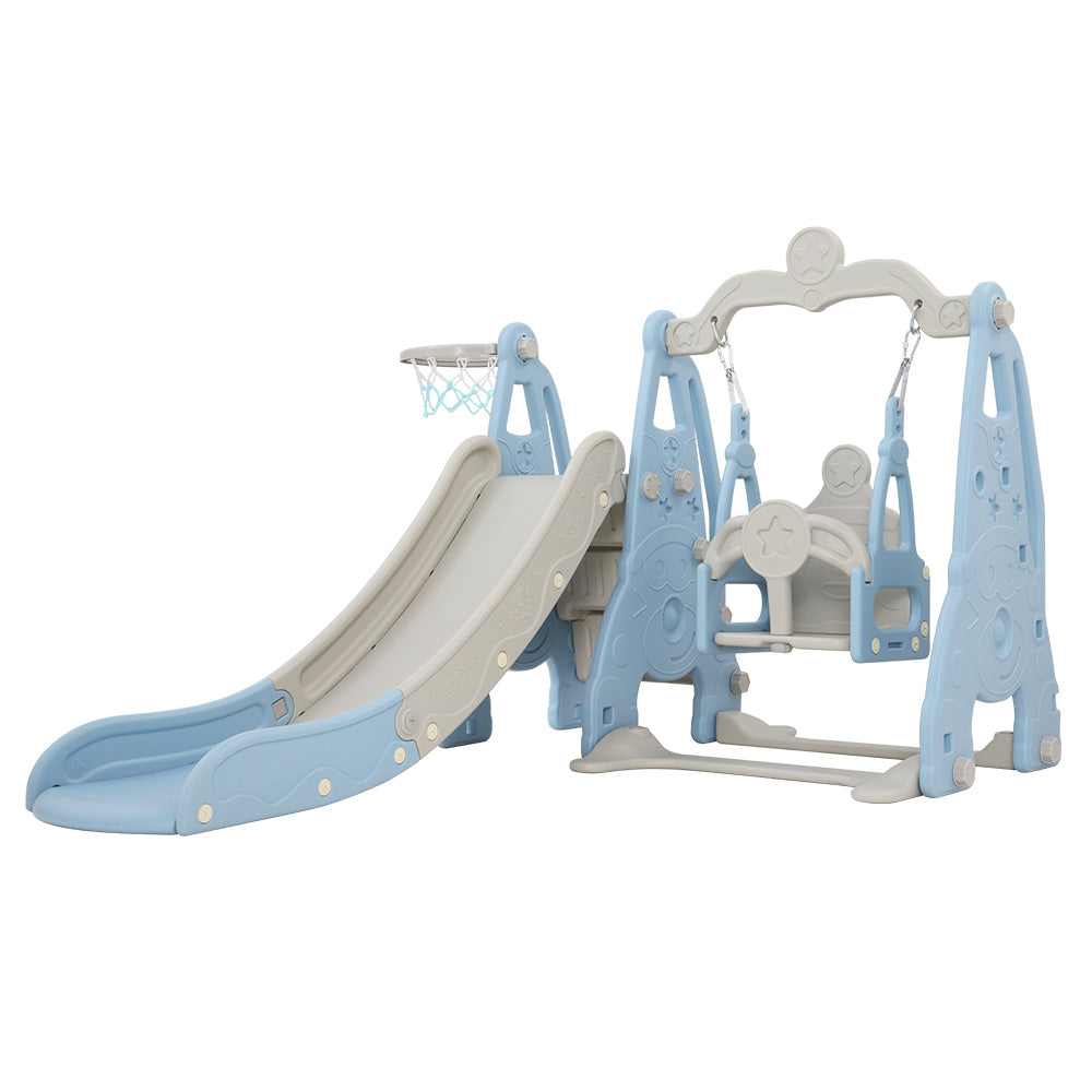 Keezi Kids 3-in-1 Swing & Slide Set with Basketball Hoop Blue & Grey