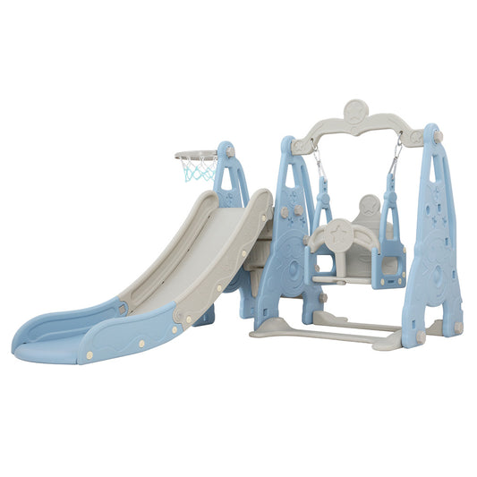 Keezi Kids 3-in-1 Swing & Slide Set with Basketball Hoop Blue & Grey