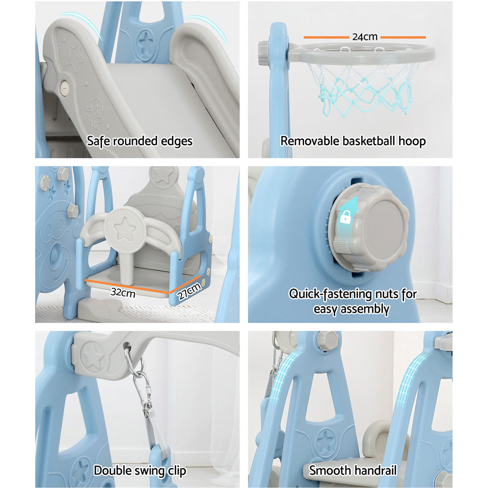 Keezi Kids 3-in-1 Swing & Slide Set with Basketball Hoop Blue & Grey