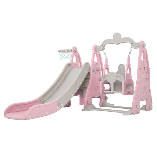 Keezi Kids 3-in-1 Swing & Slide Set with Basketball Hoop Pink & Grey