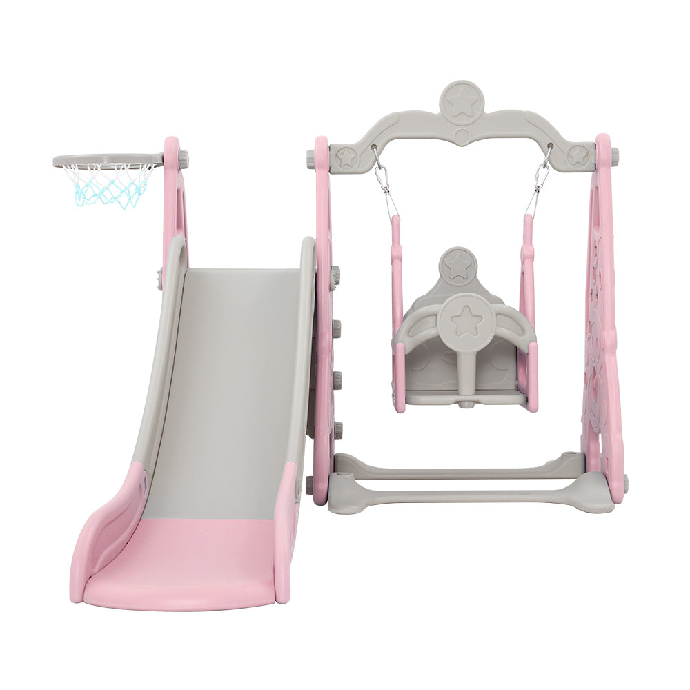 Keezi Kids 3-in-1 Swing & Slide Set with Basketball Hoop Pink & Grey