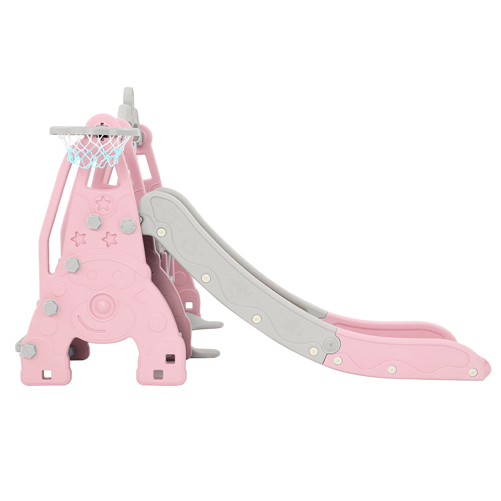 Keezi Kids 3-in-1 Swing & Slide Set with Basketball Hoop Pink & Grey