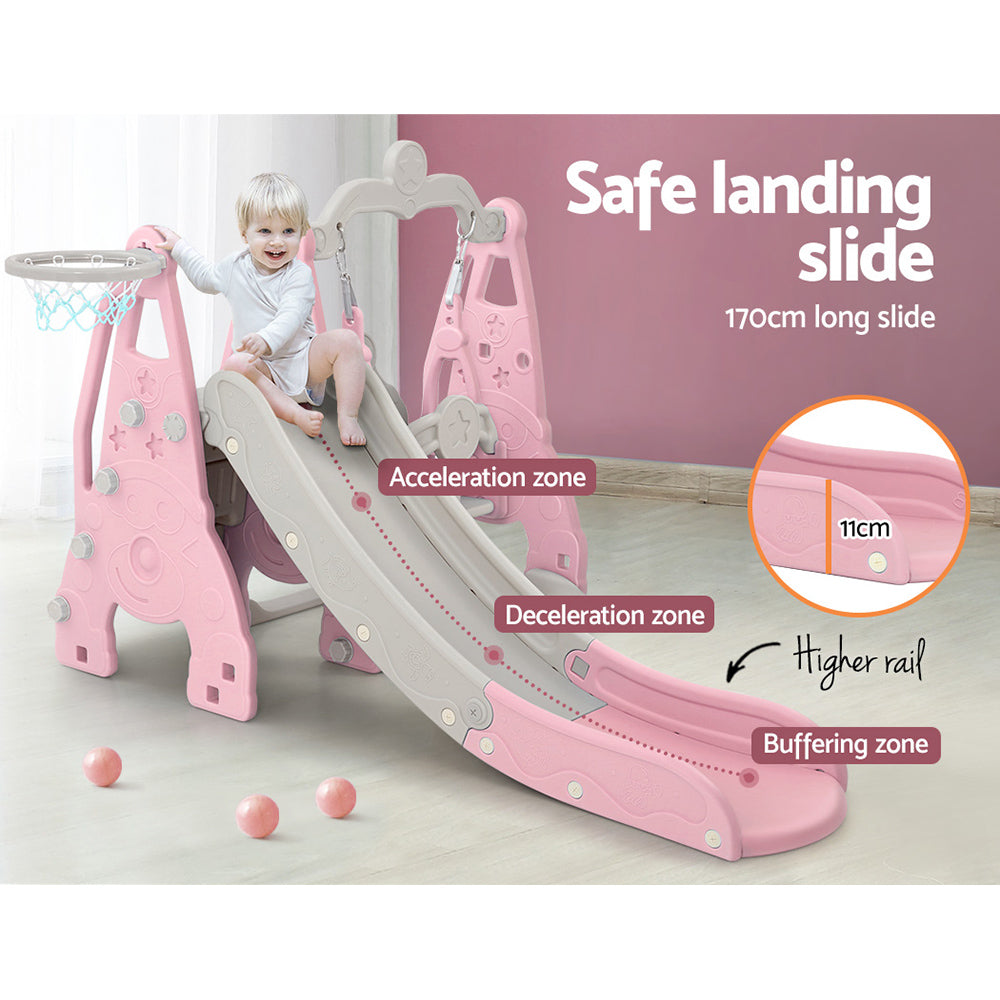 Keezi Kids 3-in-1 Swing & Slide Set with Basketball Hoop Pink & Grey