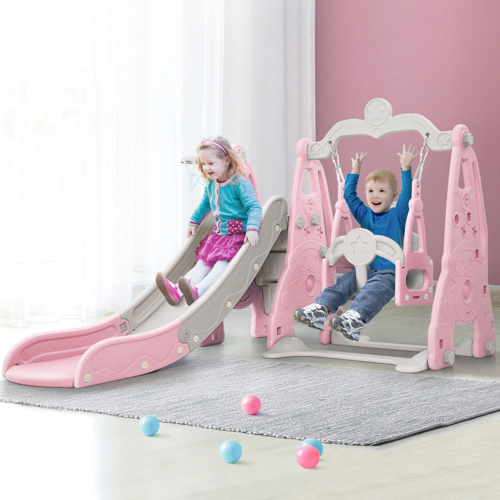 Keezi Kids 3-in-1 Swing & Slide Set with Basketball Hoop Pink & Grey