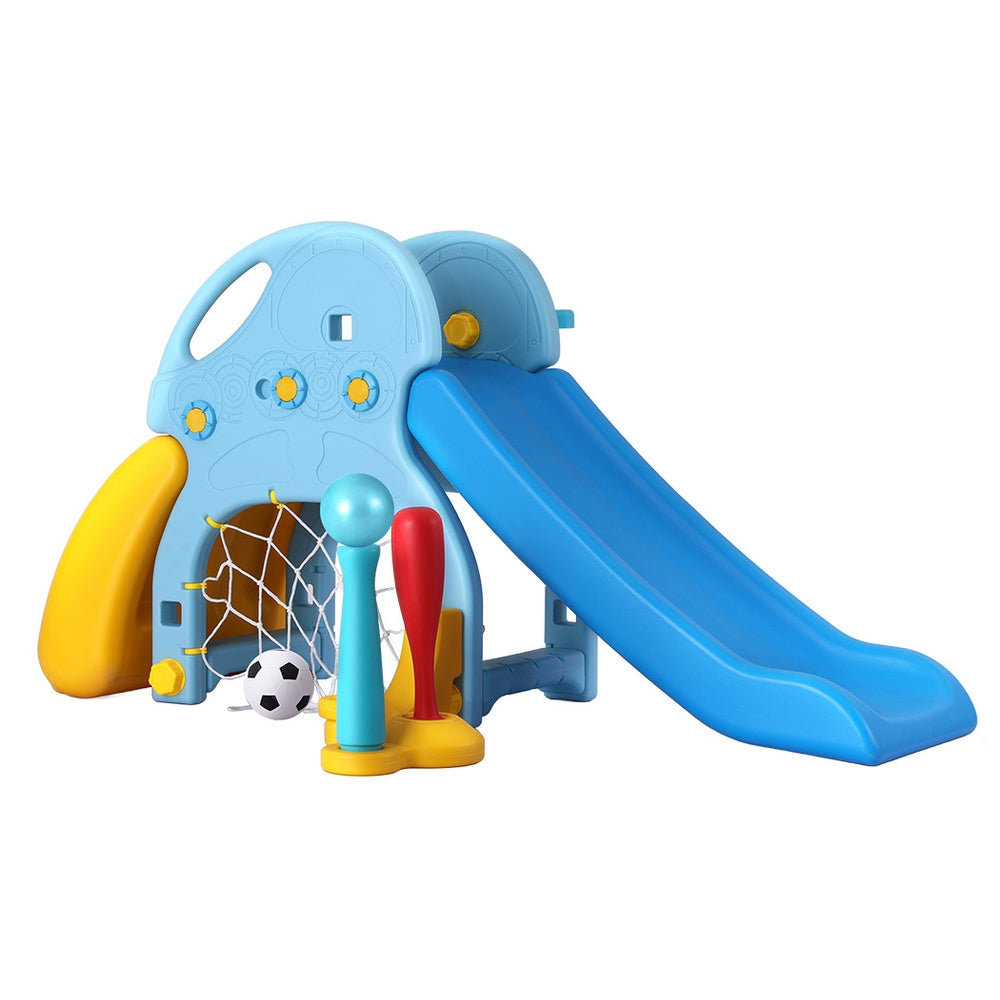 Keezi Kids 5-in-1 Slide Set with Basketball Hoop, Batting Game & Football Goal – Blue & Yellow