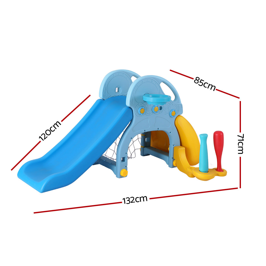 Keezi Kids 5-in-1 Slide Set with Basketball Hoop, Batting Game & Football Goal – Blue & Yellow