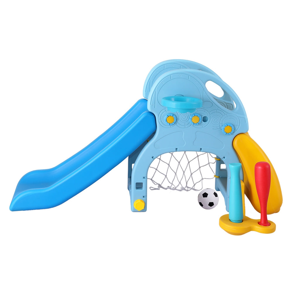 Keezi Kids 5-in-1 Slide Set with Basketball Hoop, Batting Game & Football Goal – Blue & Yellow