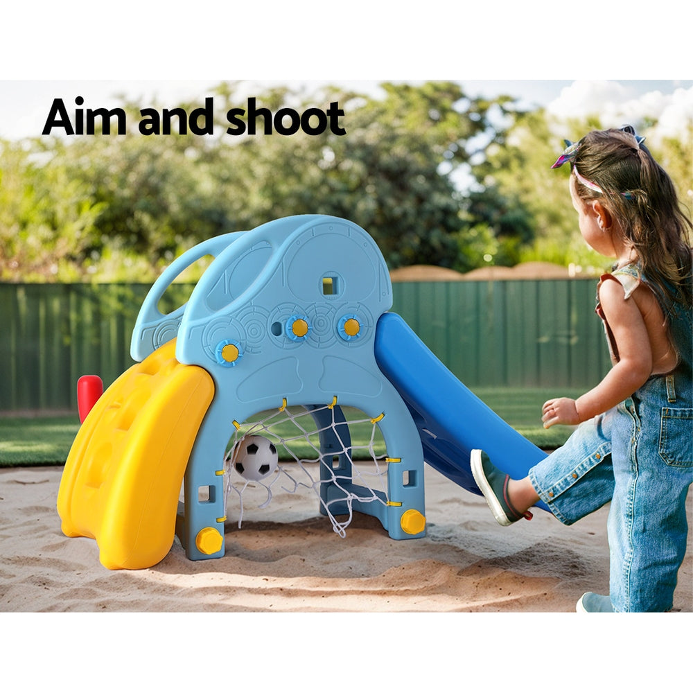 Keezi Kids 5-in-1 Slide Set with Basketball Hoop, Batting Game & Football Goal – Blue & Yellow