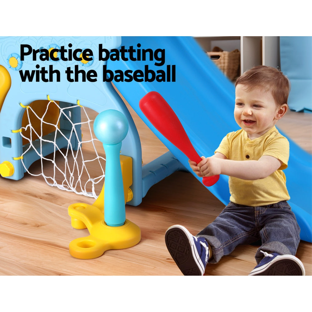 Keezi Kids 5-in-1 Slide Set with Basketball Hoop, Batting Game & Football Goal – Blue & Yellow