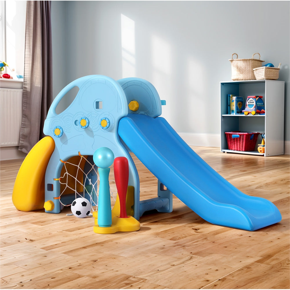 Keezi Kids 5-in-1 Slide Set with Basketball Hoop, Batting Game & Football Goal – Blue & Yellow