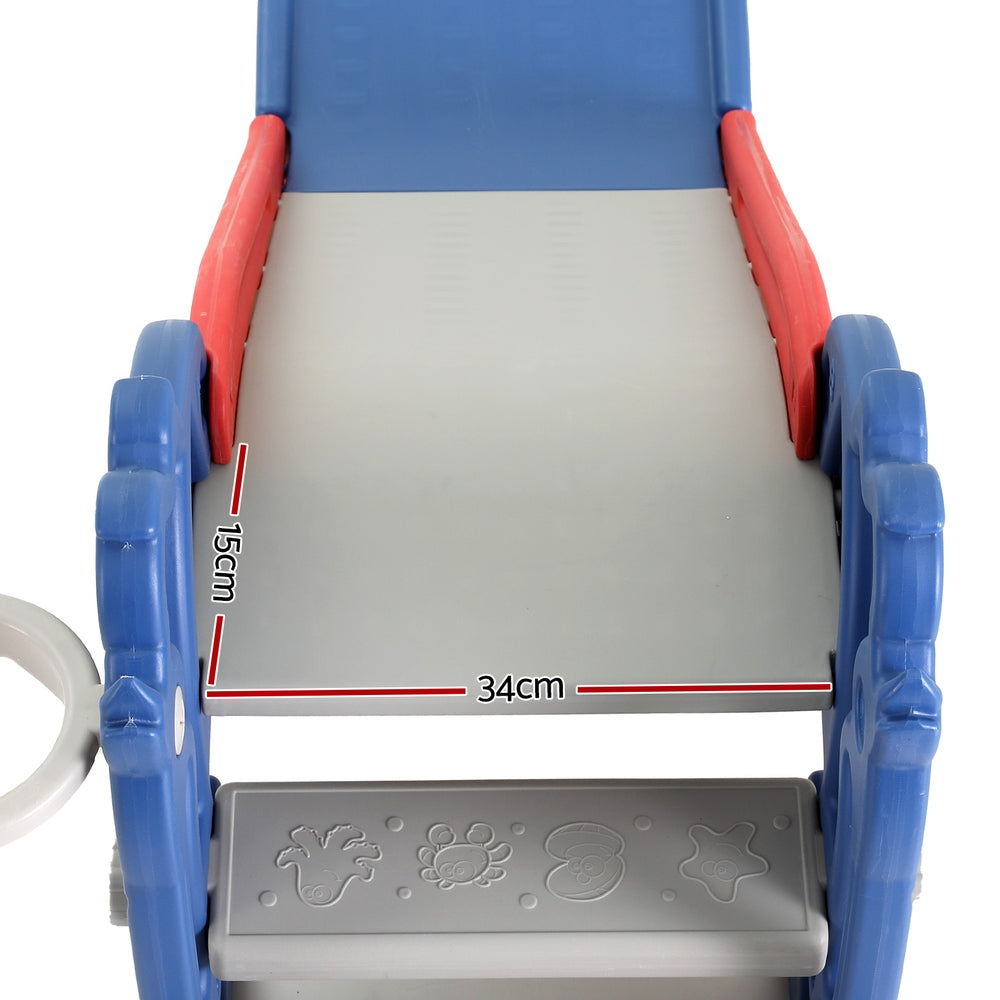 Meet the Keezi Kids Slide with Basketball Hoop! Red & Blue