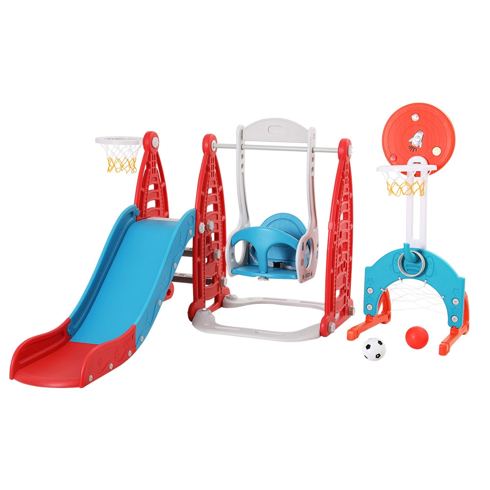 Keezi Kids 6-in-1 Slide & Swing Play Set – Red & Blue