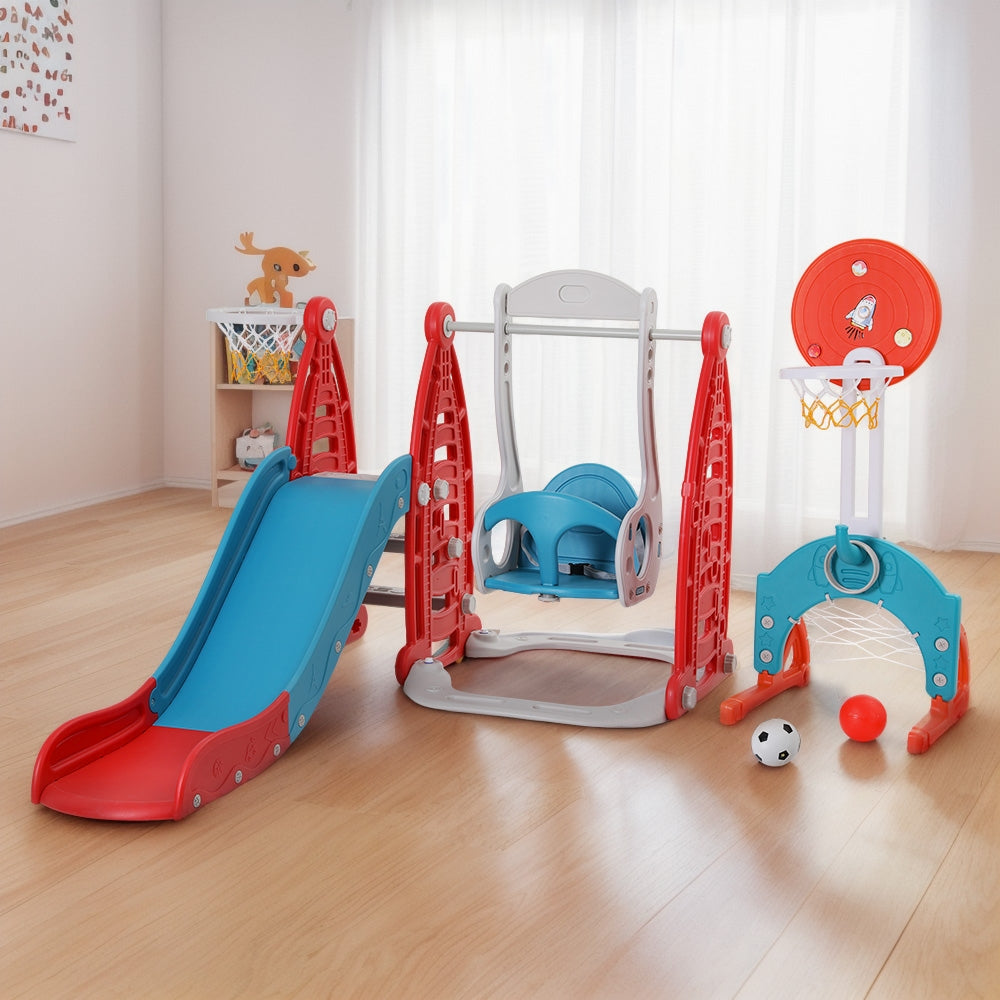 Keezi Kids 6-in-1 Slide & Swing Play Set – Red & Blue