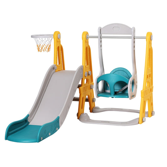 Keezi Kids 3-in-1 Swing & Slide Set with Basketball Hoop – Green & Yellow