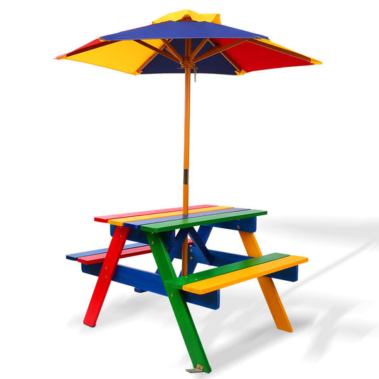 Keezi Kids Outdoor Picnic Table & Bench Set with Umbrella – Rainbow