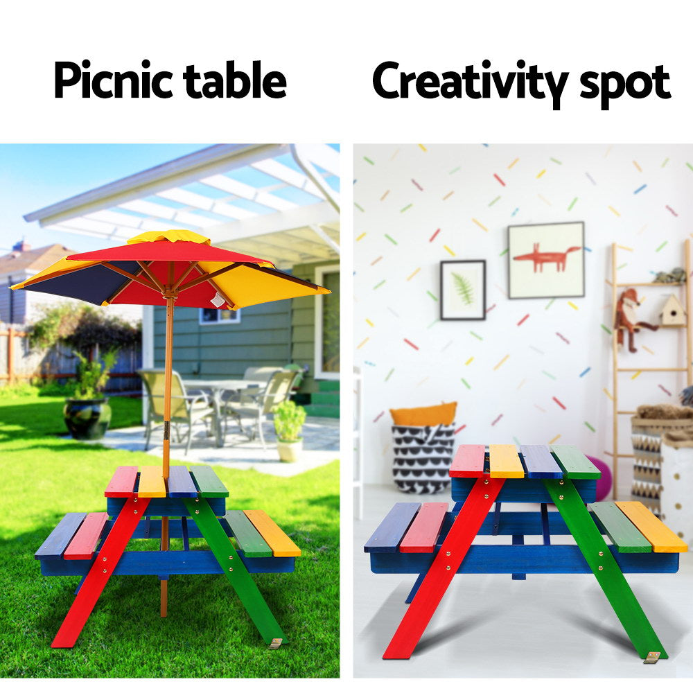 Keezi Kids Outdoor Picnic Table & Bench Set with Umbrella – Rainbow