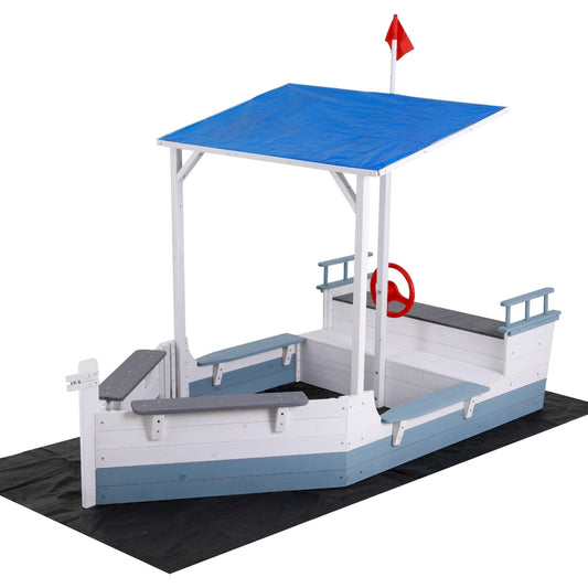 Keezi Boat-Themed Sandpit with Blue Canopy