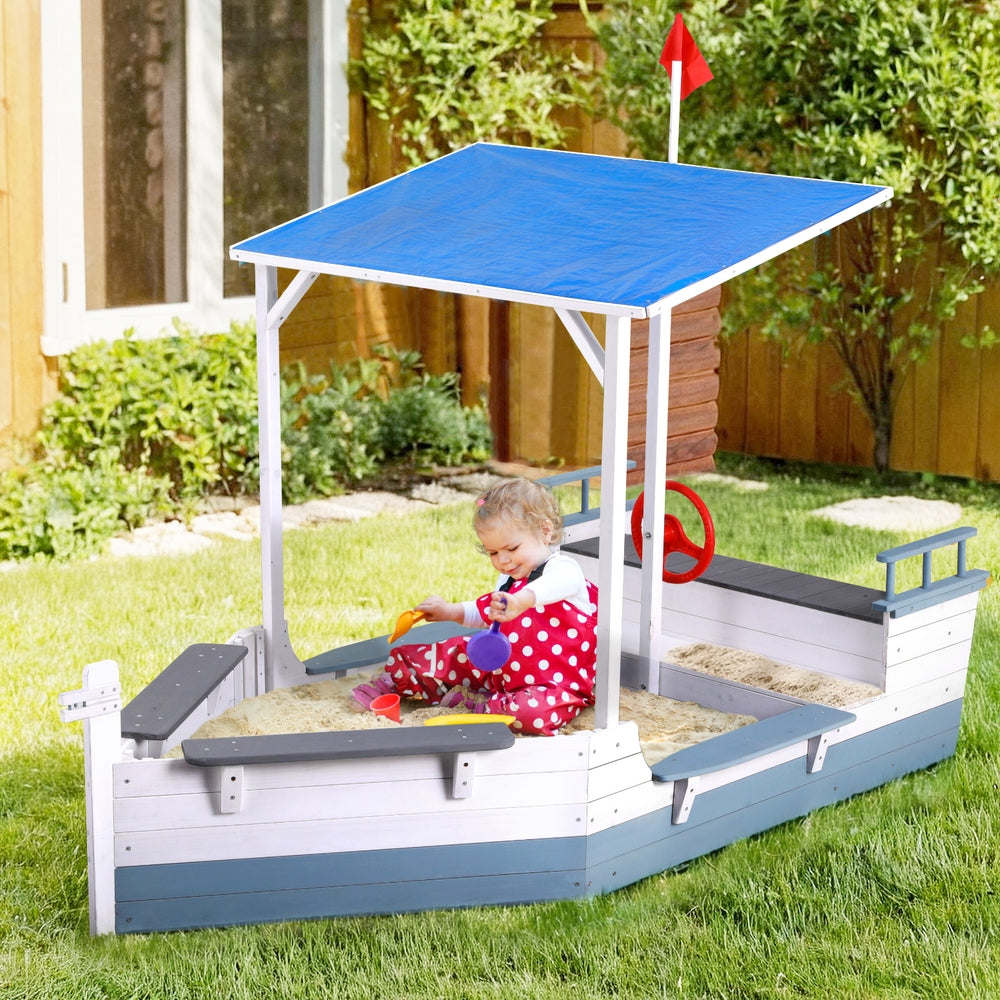 Keezi Boat-Themed Sandpit with Blue Canopy