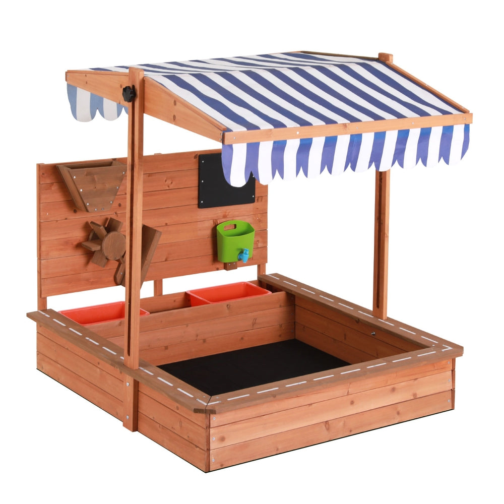 Keezi Kids Sandpit with Adjustable Canopy & Play Features – Oak & Blue