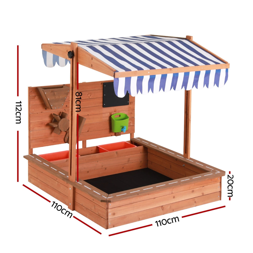 Keezi Kids Sandpit with Adjustable Canopy & Play Features – Oak & Blue