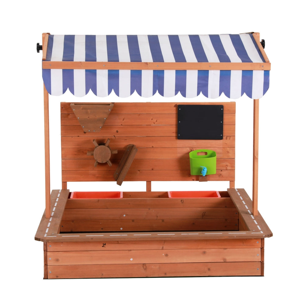 Keezi Kids Sandpit with Adjustable Canopy & Play Features – Oak & Blue