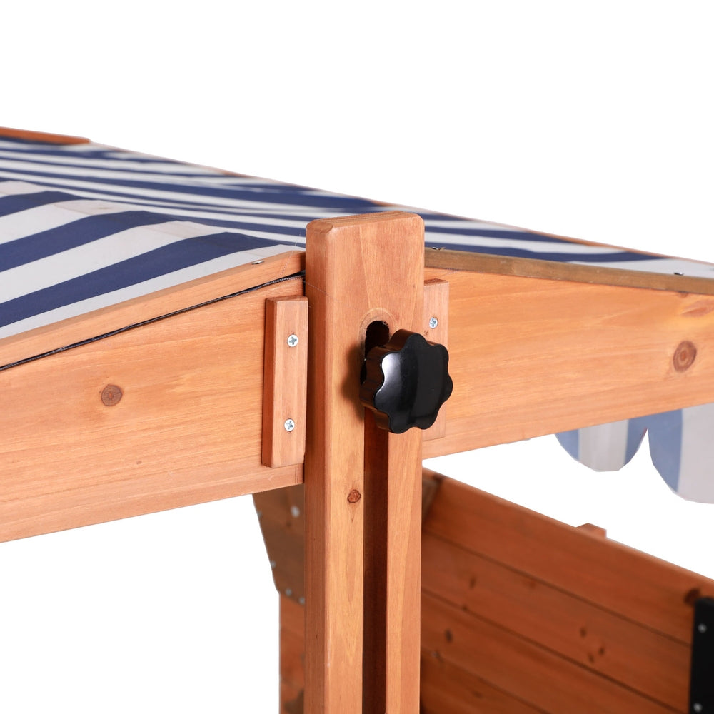Keezi Kids Sandpit with Adjustable Canopy & Play Features – Oak & Blue