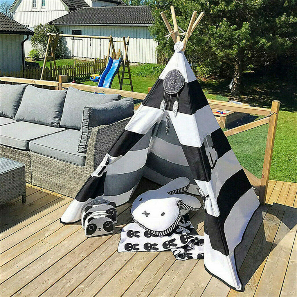 Kids Teepee Tent – Black & White Stripe Linen & Wood Playhouse