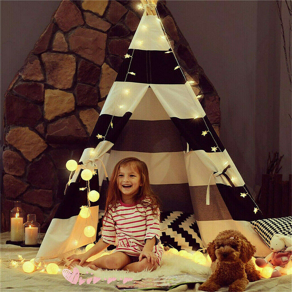 Kids Teepee Tent – Black & White Stripe Linen & Wood Playhouse