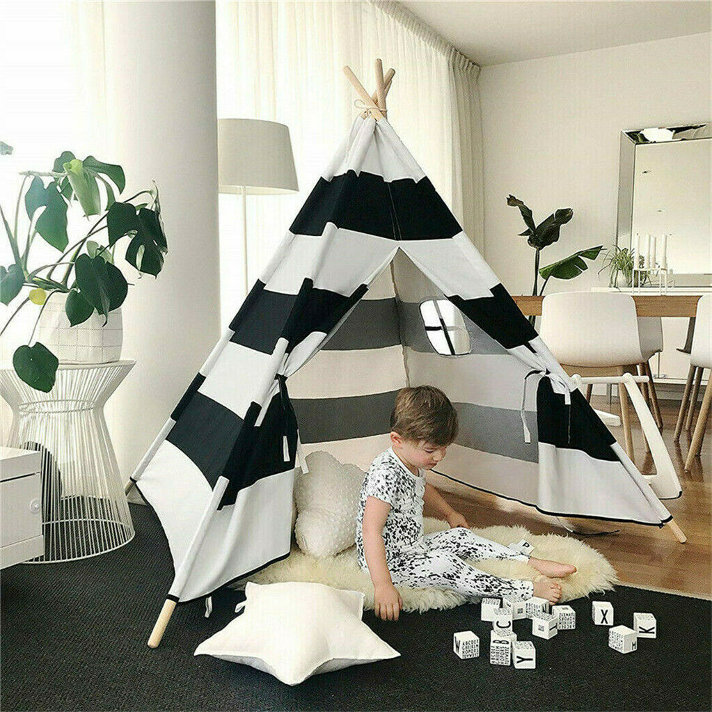 Kids Teepee Tent – Black & White Stripe Linen & Wood Playhouse