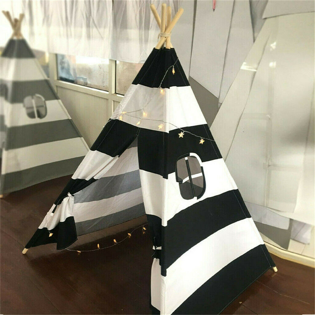 Kids Teepee Tent – Black & White Stripe Linen & Wood Playhouse