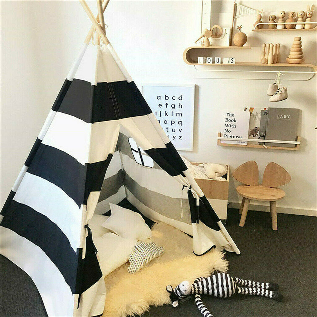 Kids Teepee Tent – Black & White Stripe Linen & Wood Playhouse