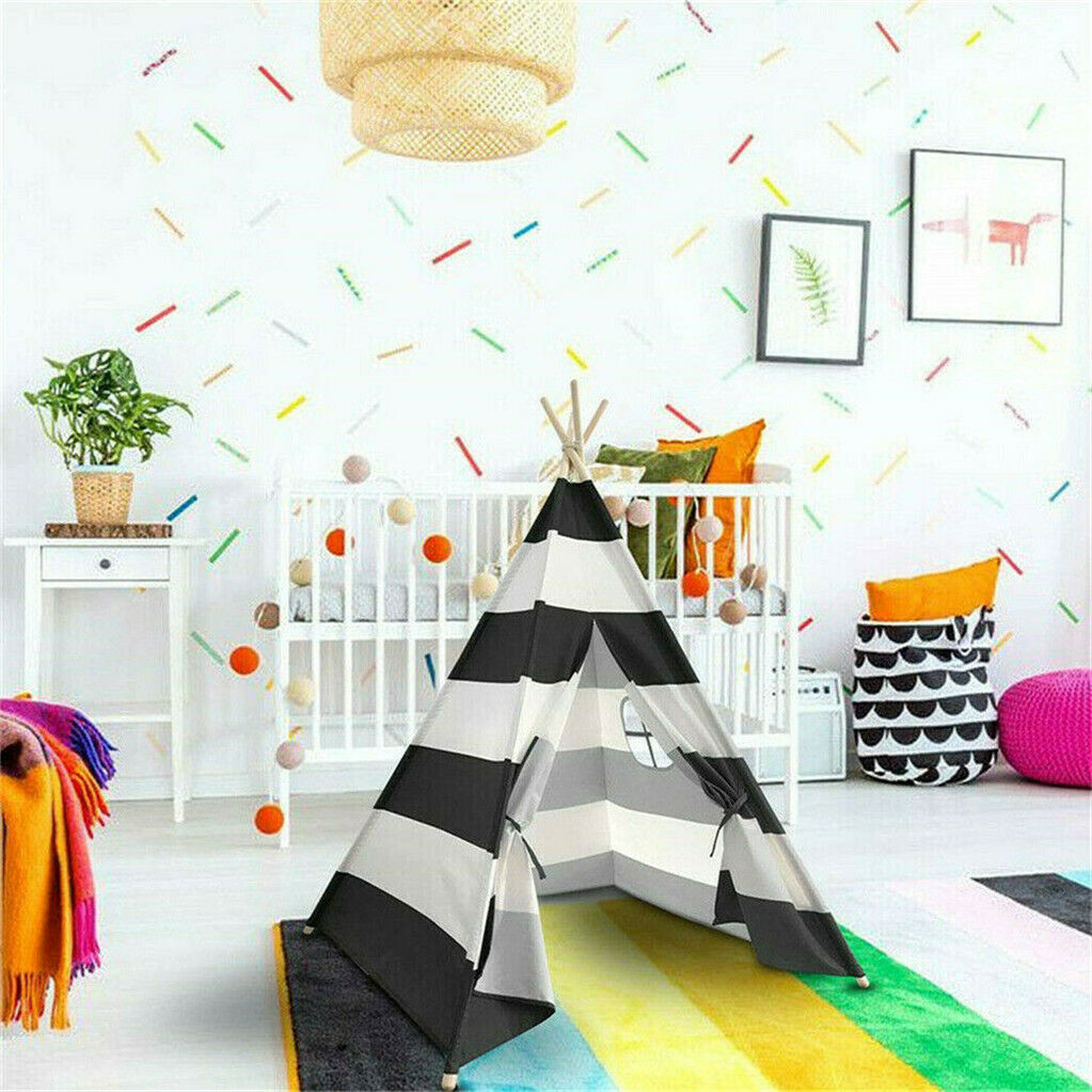 Kids Teepee Tent – Black & White Stripe Linen & Wood Playhouse