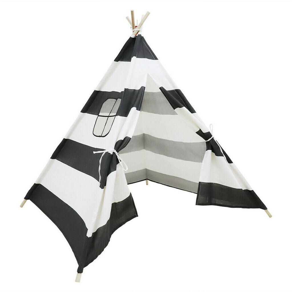 Kids Teepee Tent – Black & White Stripe Linen & Wood Playhouse