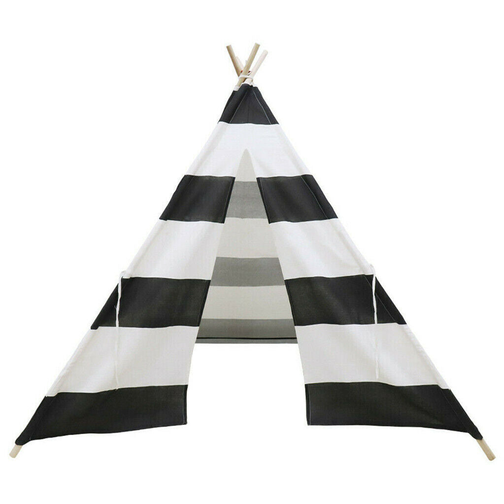 Kids Teepee Tent – Black & White Stripe Linen & Wood Playhouse