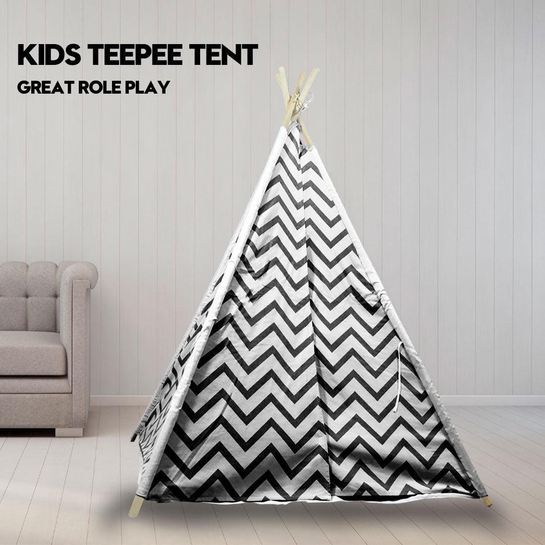 Kids Teepee Play Tent with Floor Mat – Black