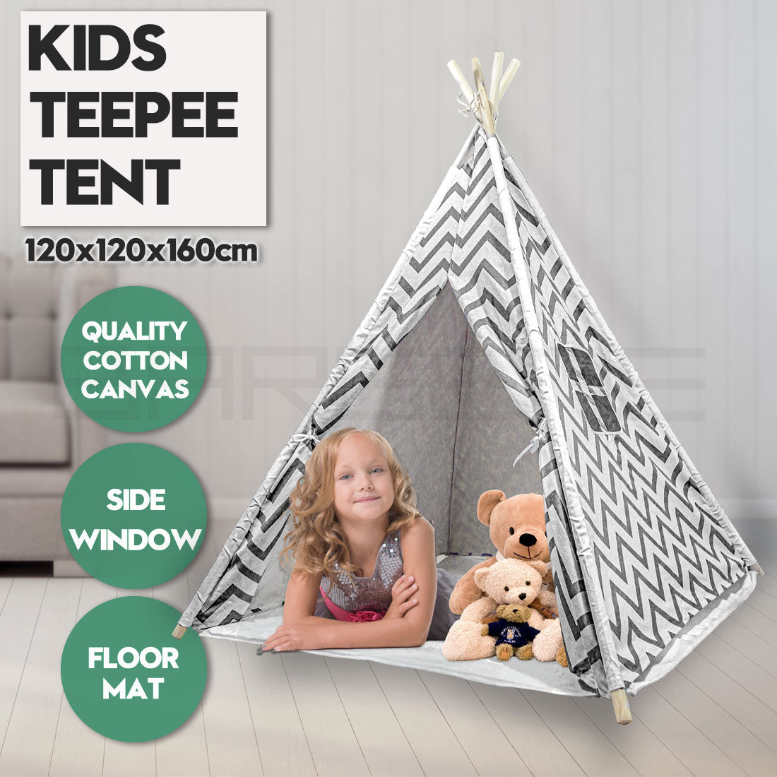 Kids Teepee Play Tent with Floor Mat – Black