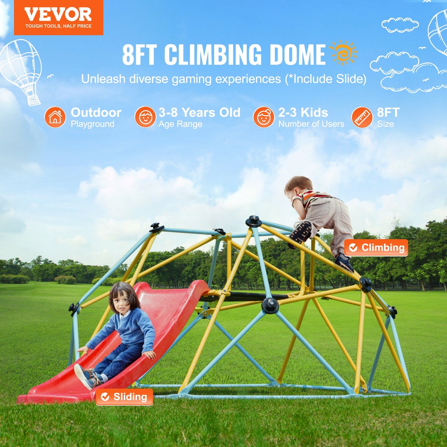 Kids Geometric Climbing Dome with Slide – 8FT Adventure Playground