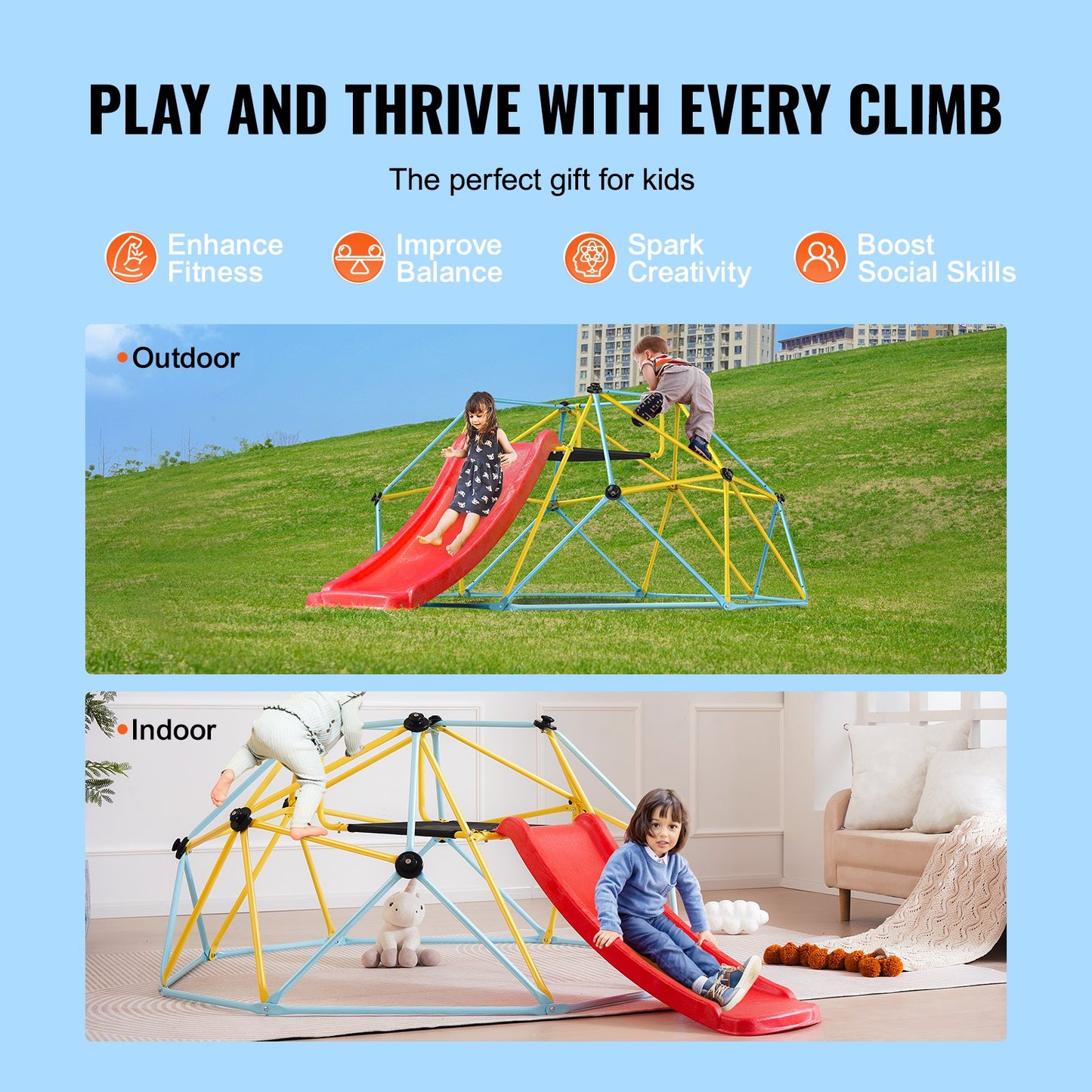 Kids Geometric Climbing Dome with Slide – 8FT Adventure Playground